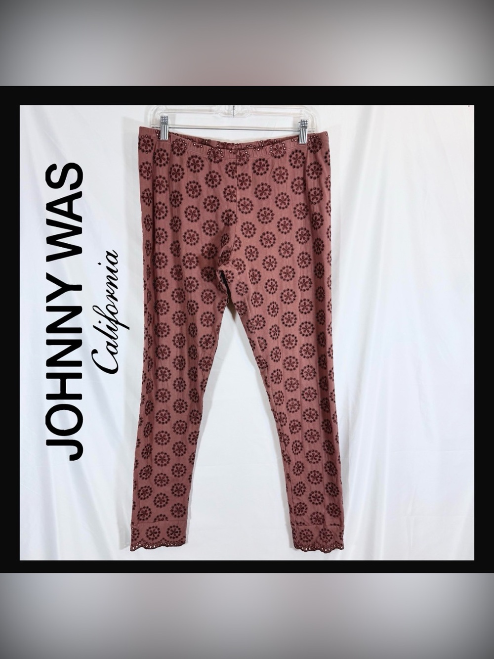 Johnny Was Rust Leggings With All Over Floral Design And Scalloped Lace Hems